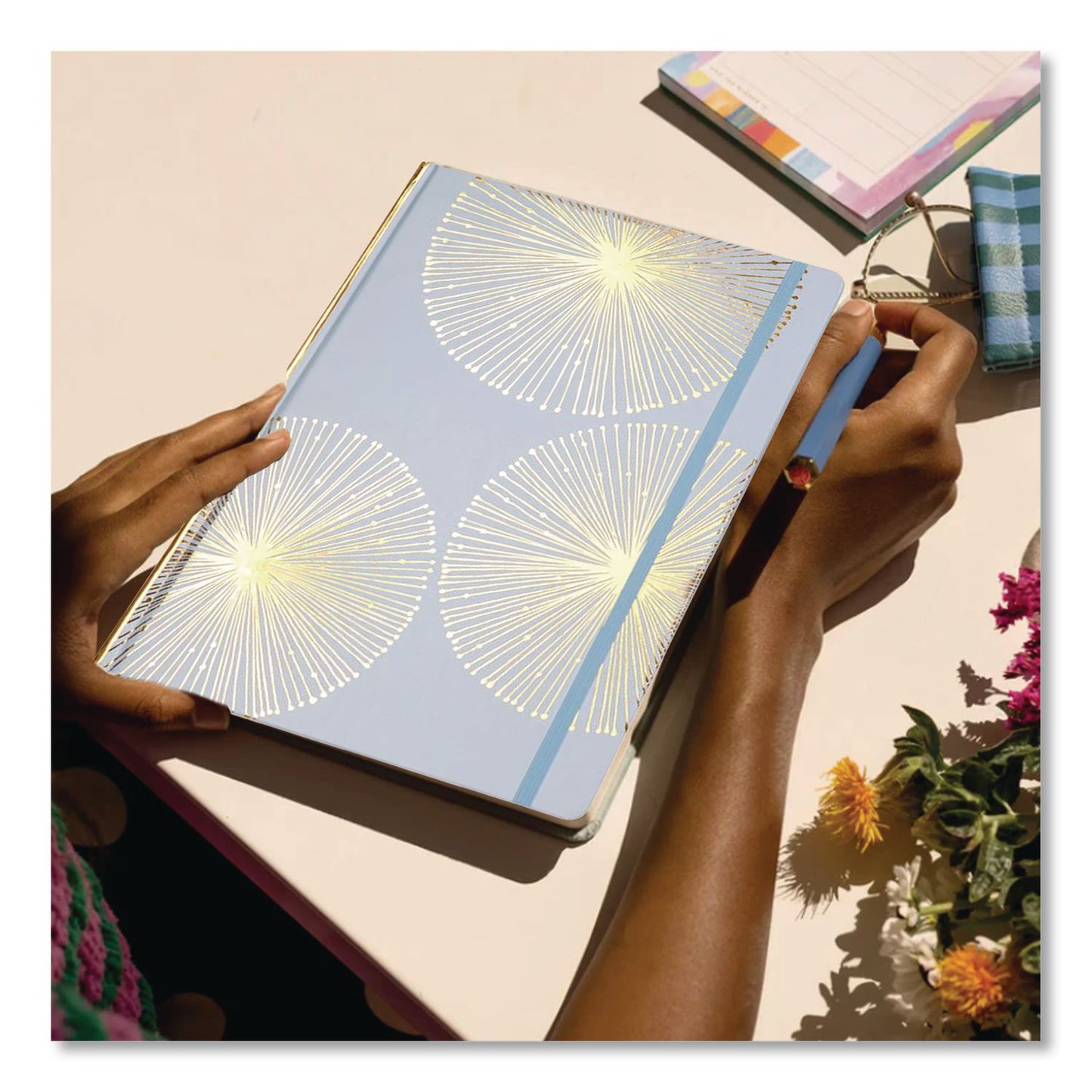 DesignWorks Ink® Hardcover Journal, Organics Dandelion Artwork, Narrow Rule, Sky Blue/Gold Cover, (100) 10 x 7 Sheets (DWOJD801019)