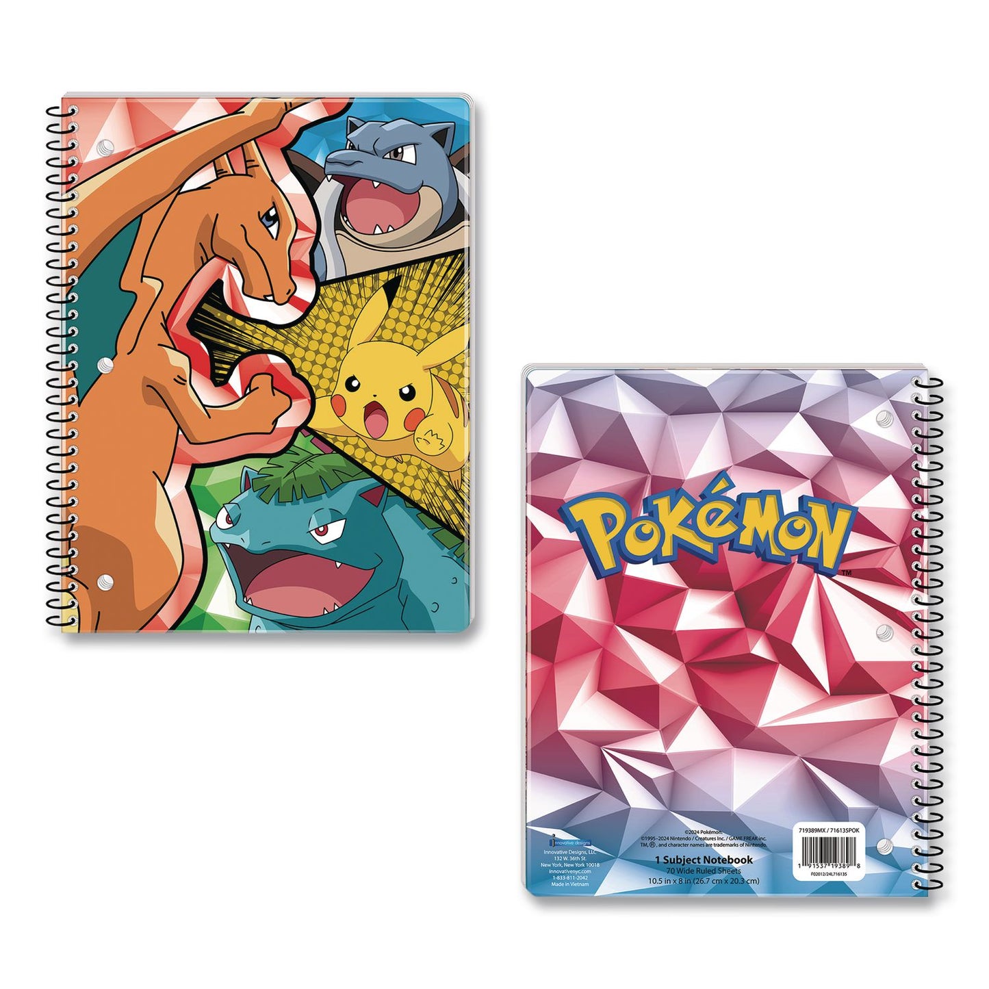 Innovative Designs Licensed Spiral Notebook, Pokemon, 1-Subject, Wide/Legal Rule, Multicolor Cover, (70) 10.5 x 8 Sheets (IDI716135POKSA)