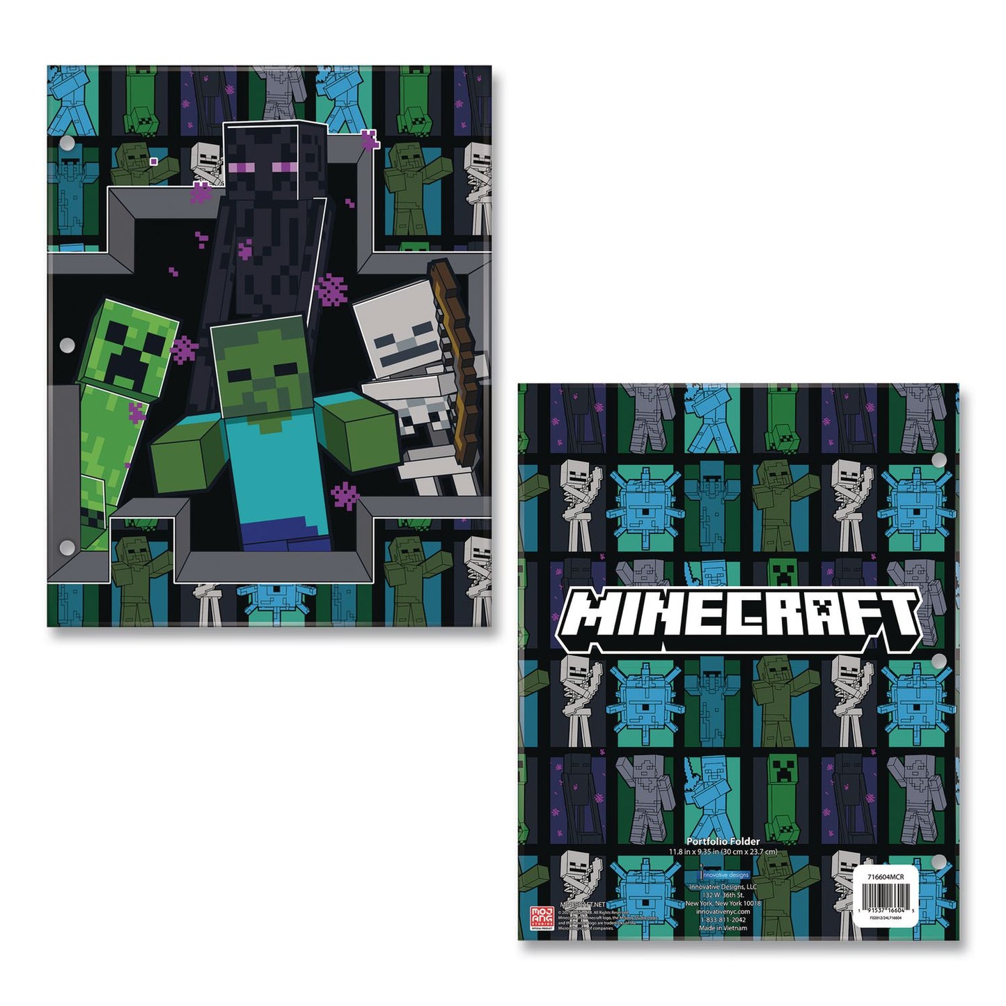 Innovative Designs Licensed Two-Pocket Folder, Minecraft, Side: 3-Hole Punched, Accommodates (50) 11 x 8.5 Sheets, Multicolor (IDI716604MCRSA)