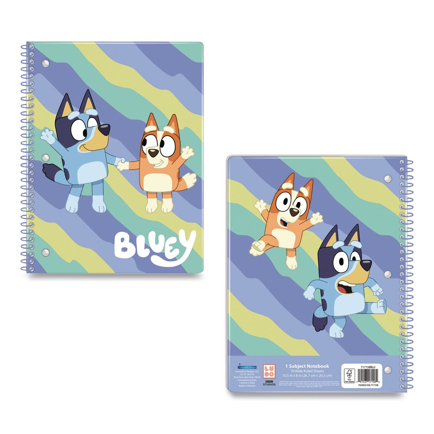Innovative Designs Licensed Spiral Notebook, Bluey and Bingo, 1-Subject, Wide/Legal Rule, Multicolor Cover, (70) 10.5 x 8 Sheets (IDI717158BLUSA)