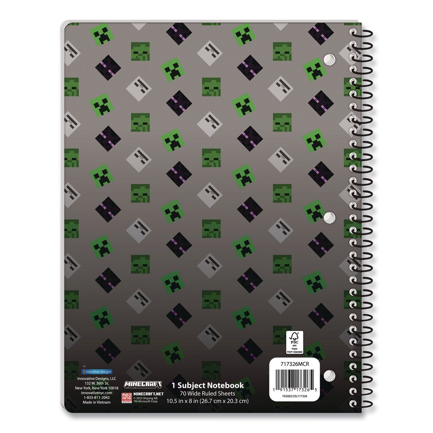 Innovative Designs Licensed Spiral Notebook, Minecraft, 1-Subject, Wide/Legal Rule, Multicolor Cover, (70) 10.5 x 8 Sheets (IDI717326MCRSA)