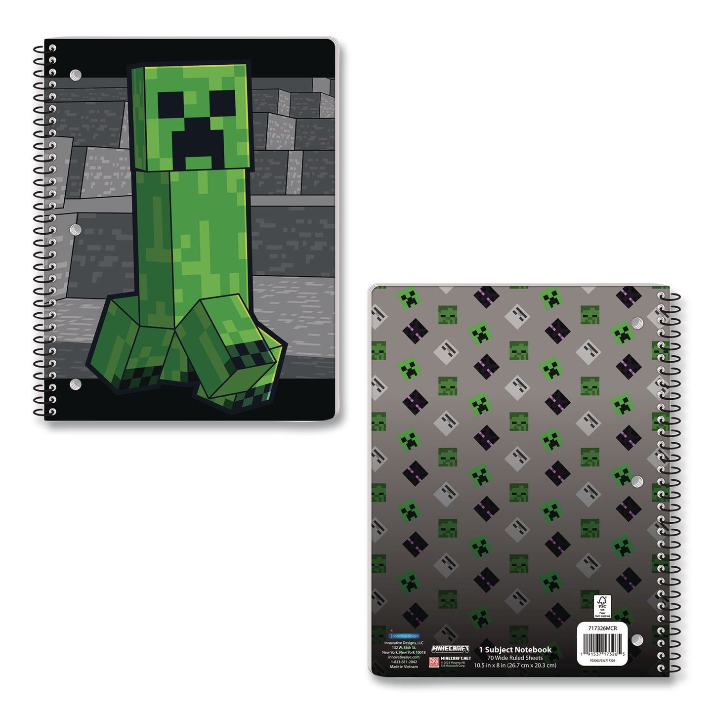 Innovative Designs Licensed Spiral Notebook, Minecraft, 1-Subject, Wide/Legal Rule, Multicolor Cover, (70) 10.5 x 8 Sheets (IDI717326MCRSA)