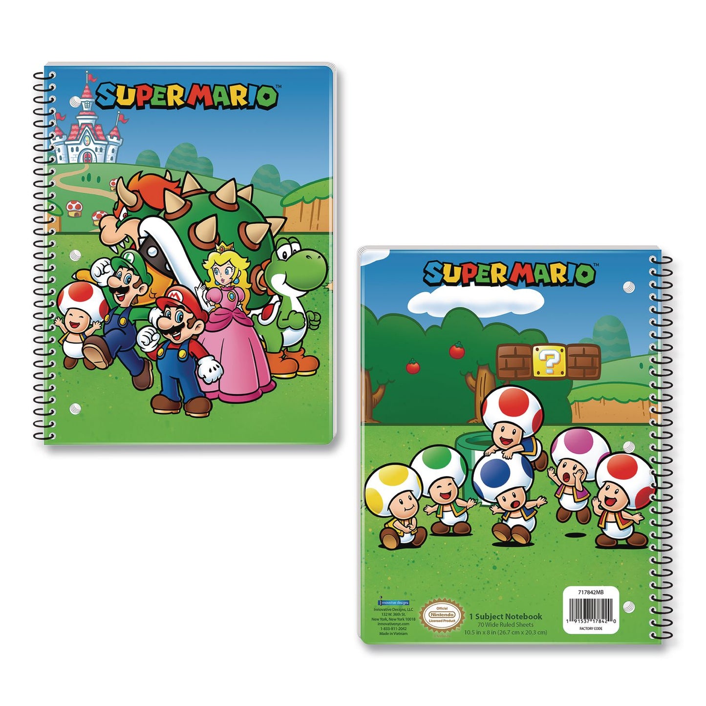 Innovative Designs Licensed Spiral Notebook, Super Mario, 1-Subject, Wide/Legal Rule, Multicolor Cover, (70) 10.5 x 8 Sheets (IDI717842MBSA)