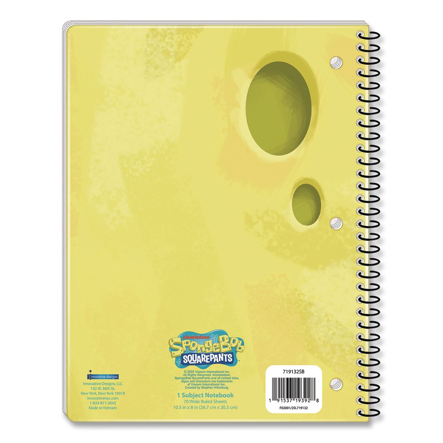 Innovative Designs Licensed Spiral Notebook, Spongebob, 1-Subject, Wide/Legal Rule, Multicolor Cover, (70) 10.5 x 8 Sheets (IDI719132SBSA)