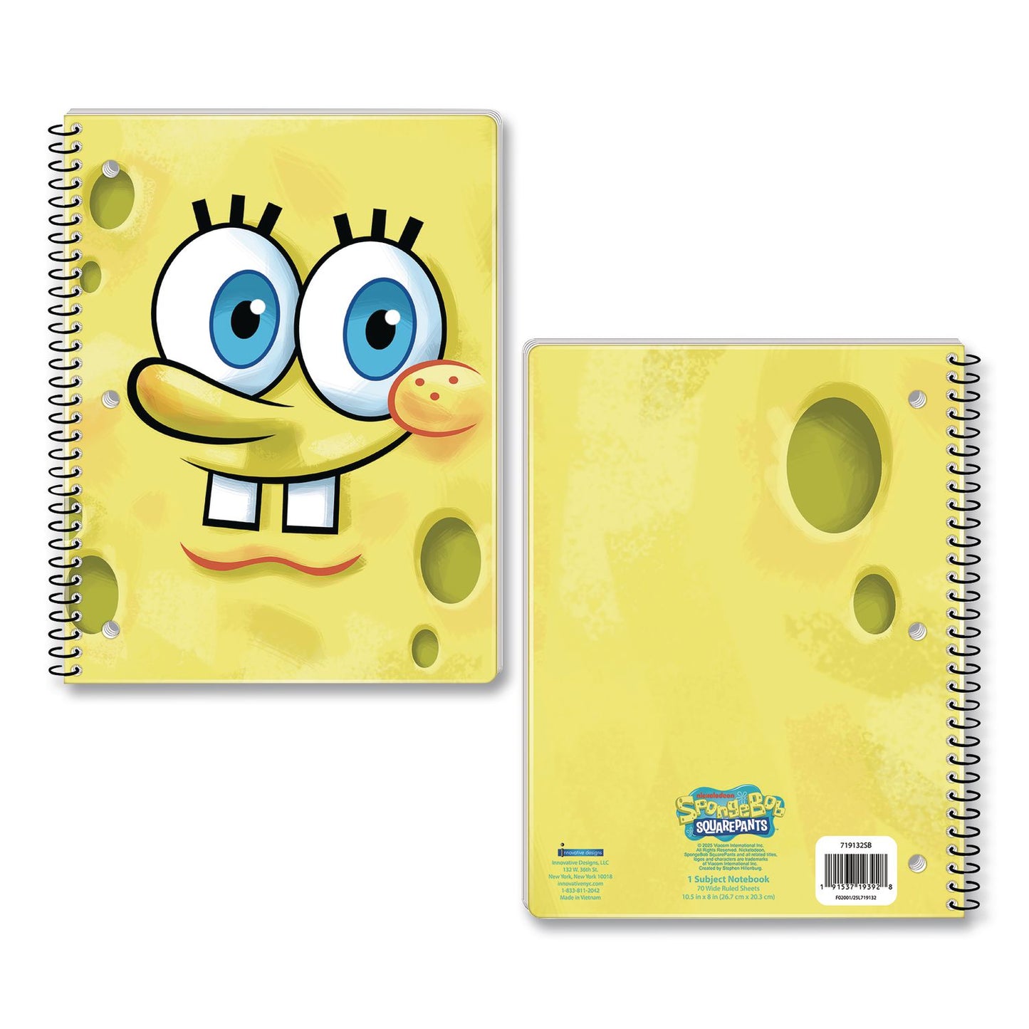 Innovative Designs Licensed Spiral Notebook, Spongebob, 1-Subject, Wide/Legal Rule, Multicolor Cover, (70) 10.5 x 8 Sheets (IDI719132SBSA)