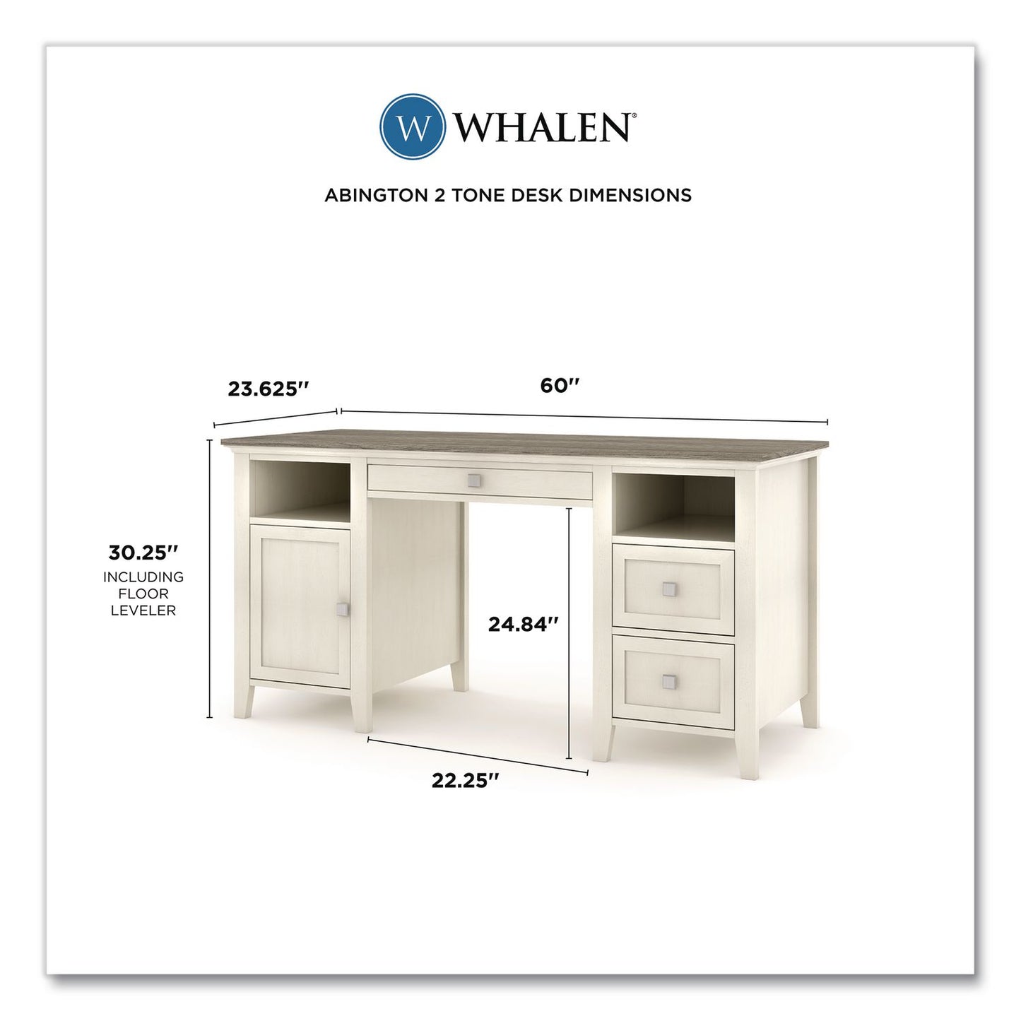 Whalen® Abington Two-Pedestal Wood Computer Desk, 60" x 23.63" x 30.25", Dusty Aged Oak/Antique White (WHLSPUSABTD)