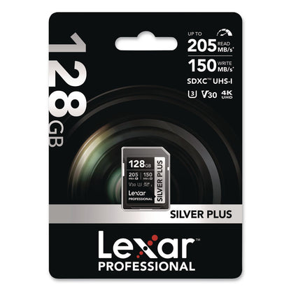 Lexar™ Professional SILVER Series SDXC Memory Card, 205MB/s Read Speeds and 150MB/s Write Speeds, UHS-I V30 U1 Class 10, 128 GB (LXRLSDSIPL128GB)