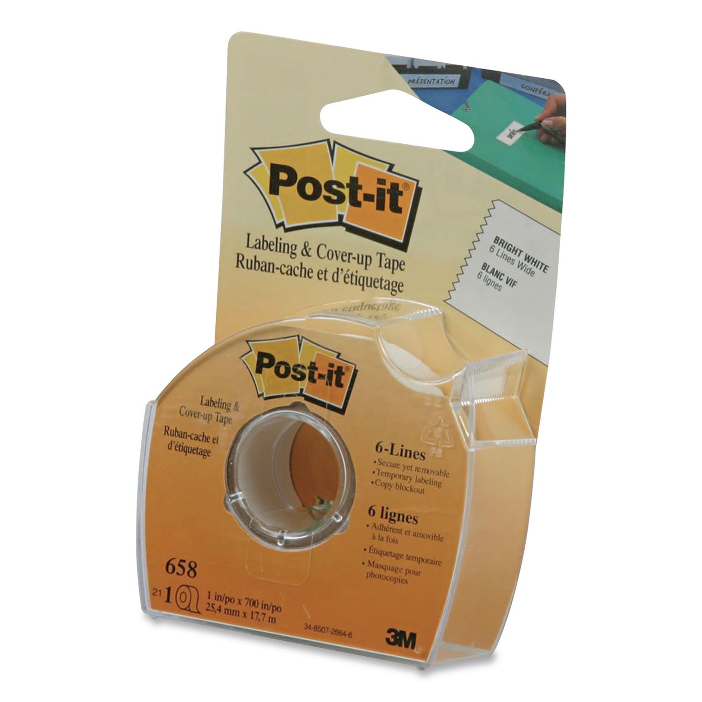 Post-it® Labeling and Cover-Up Tape, Non-Refillable, 1" x 19.44 yd, White Tape, Clear Dispenser, 24/Carton (MMM658CASE)