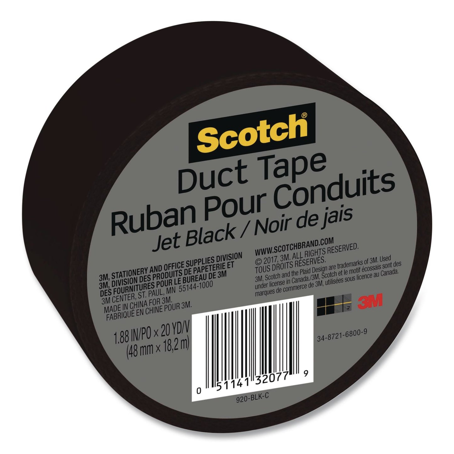 Scotch® Duct Tape, 3" Core, 1.88" x 20 yds, Jet Black (MMM920BLKC)