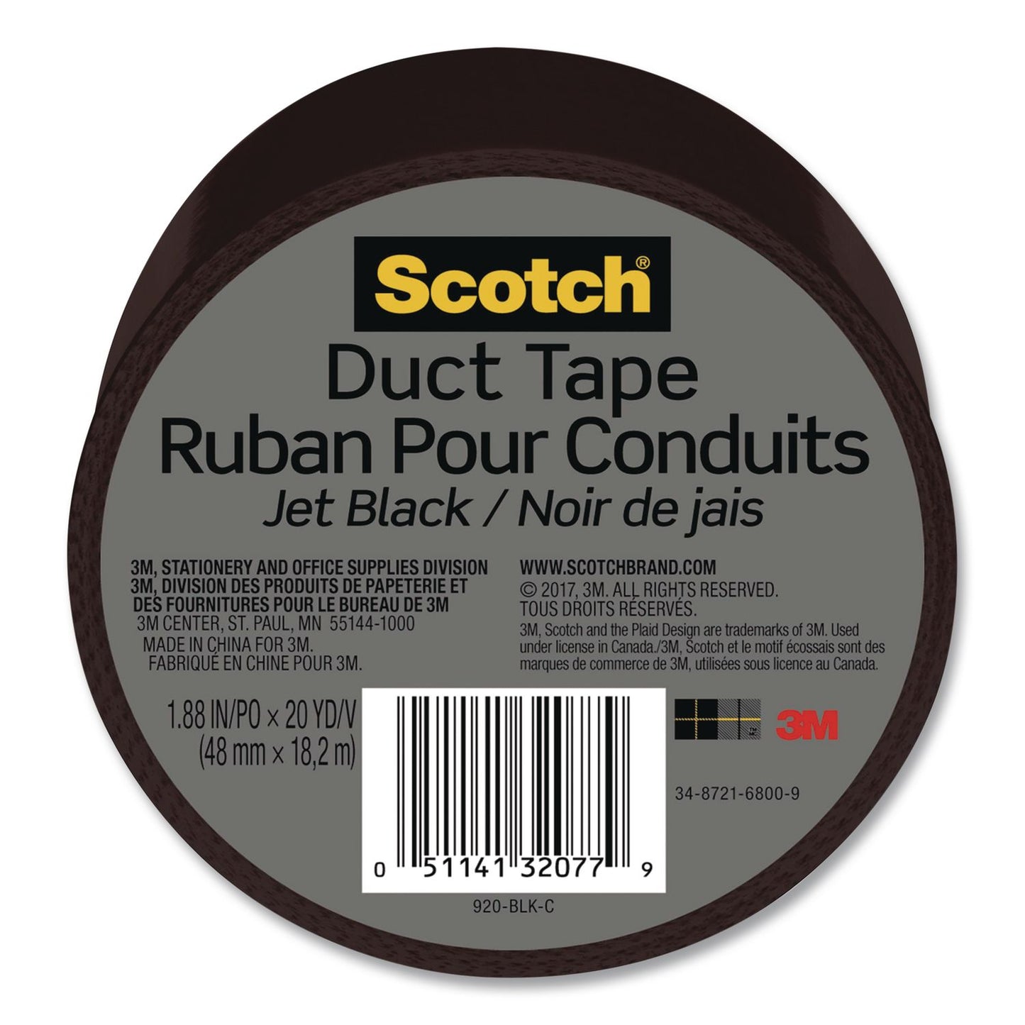 Scotch® Duct Tape, 3" Core, 1.88" x 20 yds, Jet Black (MMM920BLKC)