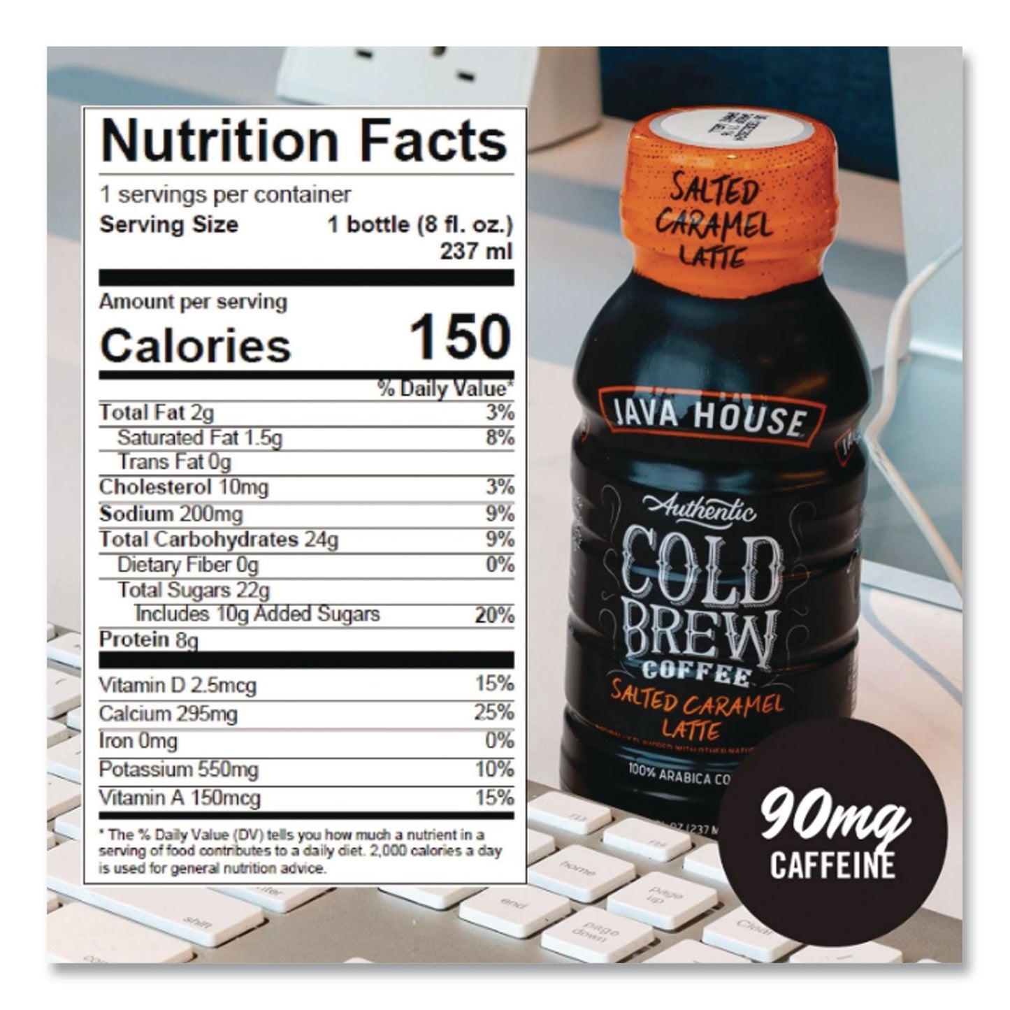 Java House® Cold Brew Coffee, Salted Caramel Latte, 8 oz Bottle, 12/Carton (JVHHFP01804)