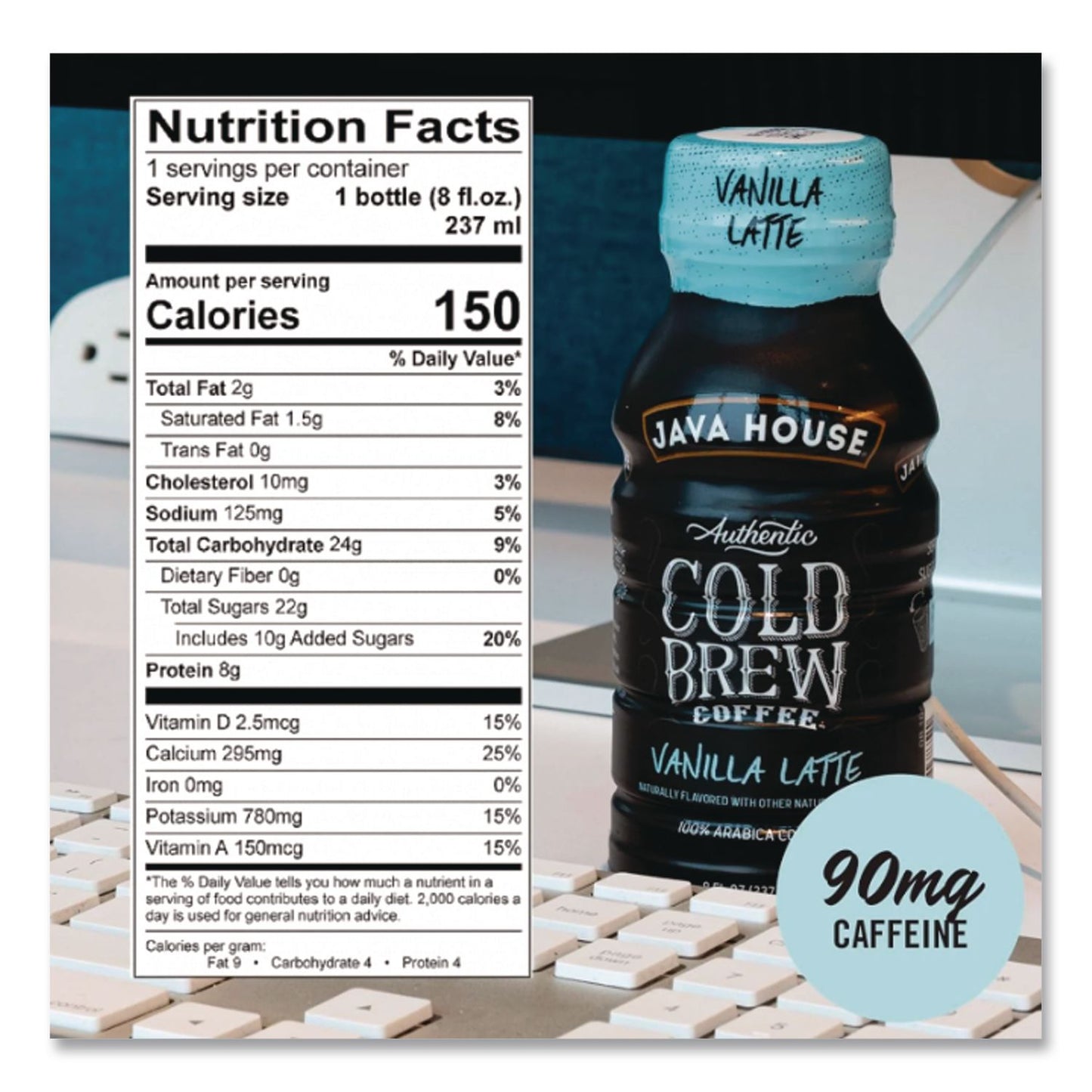 Java House® Cold Brew Coffee, Vanilla Latte, 8 oz Bottle, 24/Carton (JVHHFP01785)