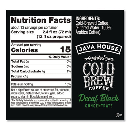 Java House® Cold Brew Coffee Concentrate, Decaf Black, 32 oz Bottle (JVHHFP01809)