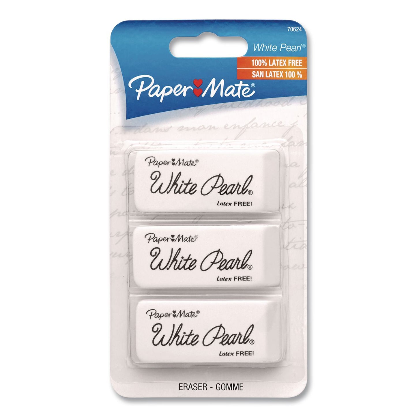 Paper Mate® White Pearl Latex-Free Plastic Eraser, For Pencil Marks, Rectangular Block, White, 3/Pack (PAP70624)