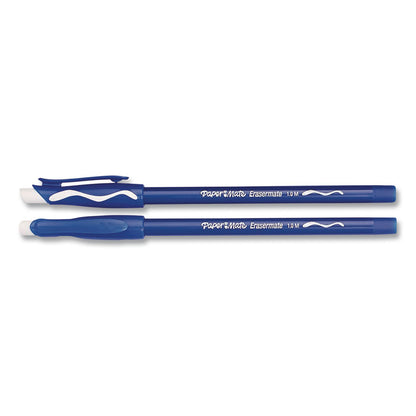 Paper Mate® Eraser Mate Ballpoint Pen, Stick, Medium 1 mm, Blue Ink, Blue Barrel, Dozen (PAP3910158)