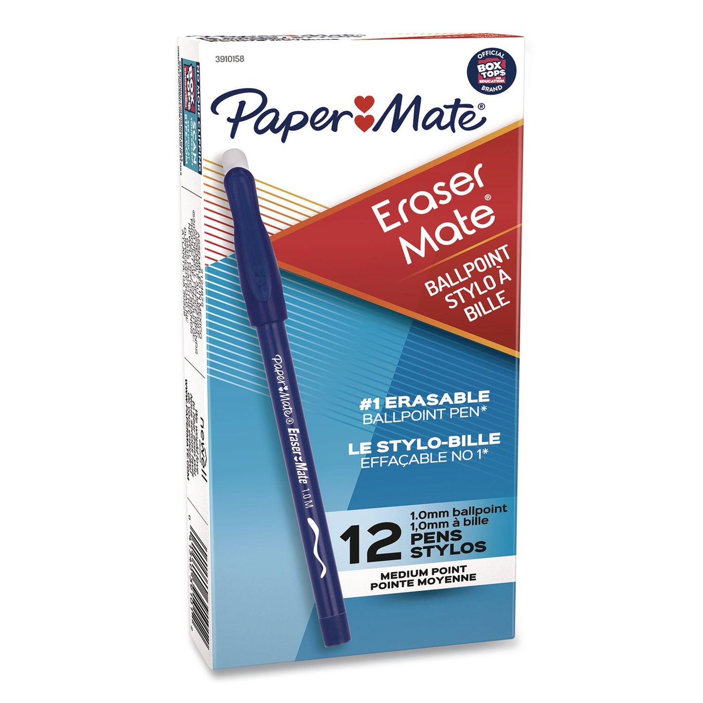 Paper Mate® Eraser Mate Ballpoint Pen, Stick, Medium 1 mm, Blue Ink, Blue Barrel, Dozen (PAP3910158)