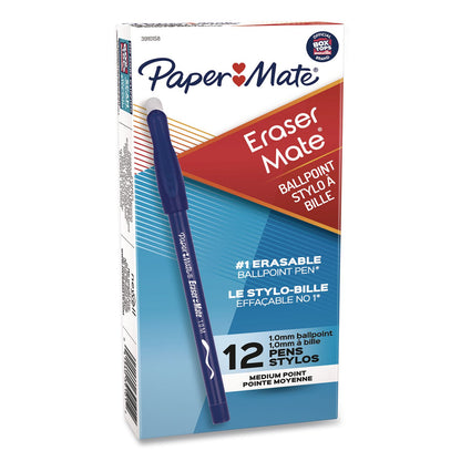 Paper Mate® Eraser Mate Ballpoint Pen, Stick, Medium 1 mm, Blue Ink, Blue Barrel, Dozen (PAP3910158)