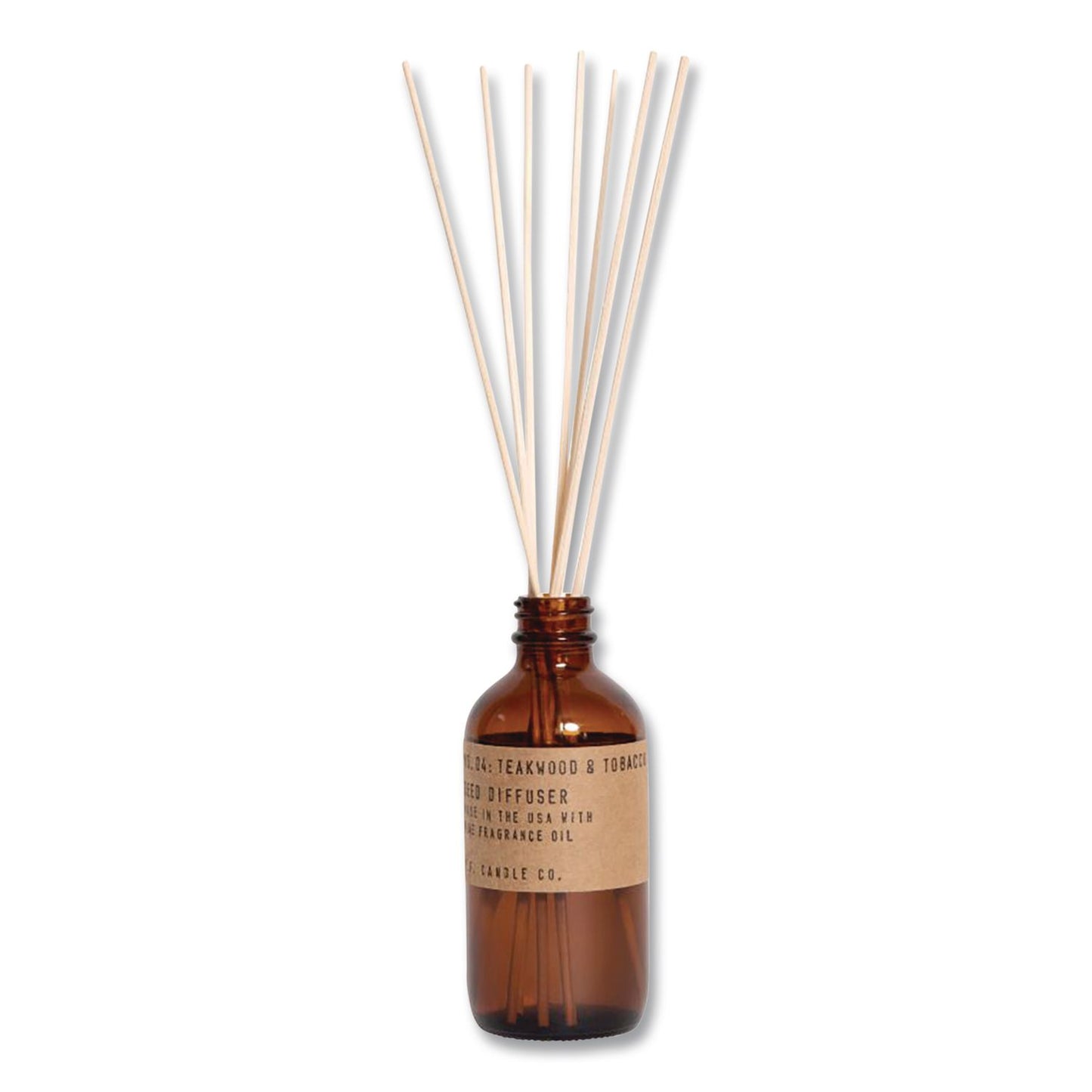 P.F. Candle Co. Reed Diffuser, Teakwood and Tobacco, 3.5 oz, 4.25" Bottle, 9" Reeds, Amber (PFRRD4)