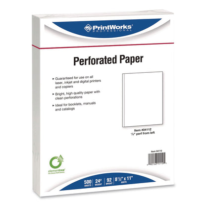 PrintWorks® Professional Perforated Paper, 92 Bright, Perforated 0.5" from Left, 24 lb Bond Weight, 8.5 x 11, White, 500 Sheets/Ream, 5 Reams/Carton (PRB04112P)