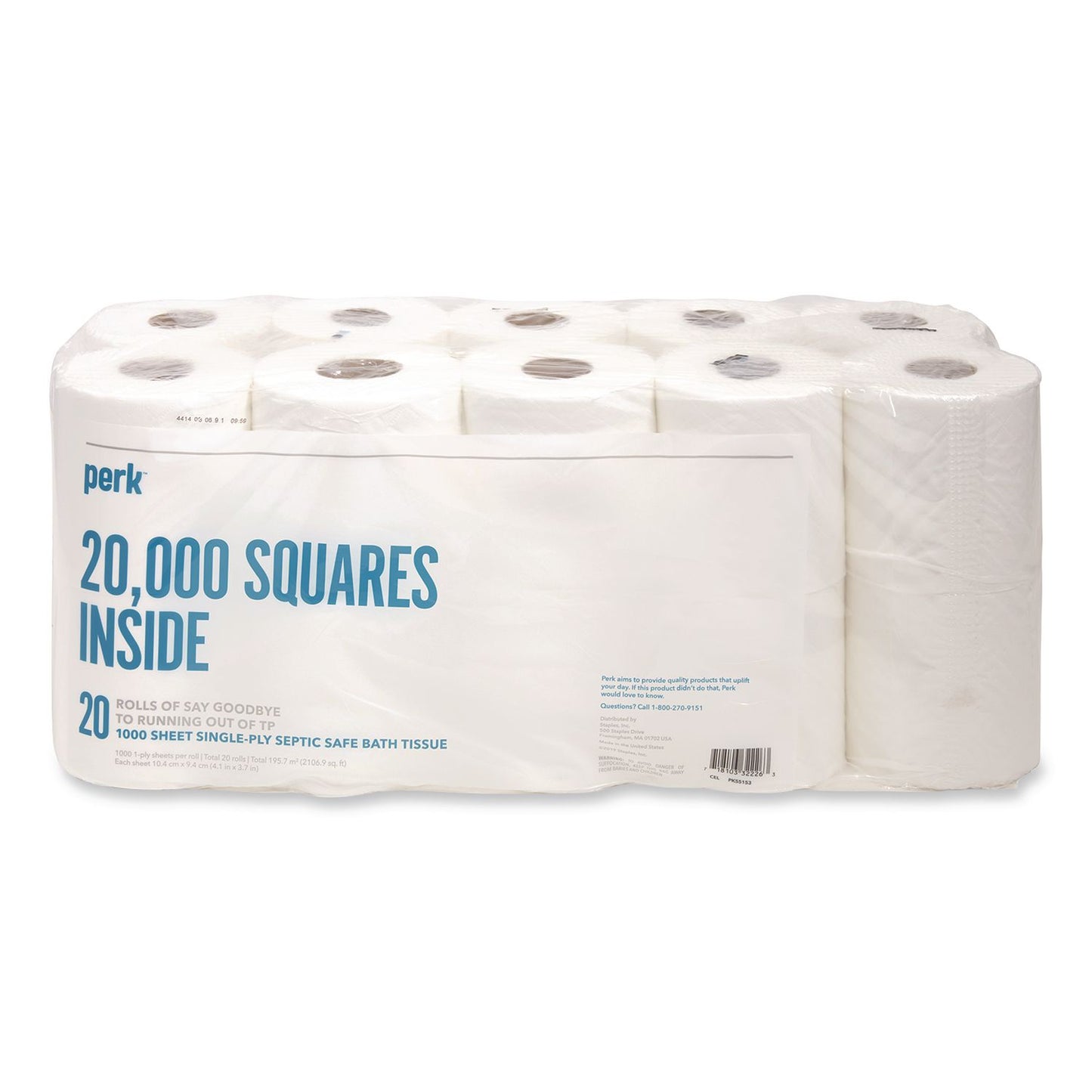 Perk™ Septic Safe Toilet Paper, 1-Ply, White, 1,000 Sheets/Roll, 20 Rolls/Pack (PRK24388712)