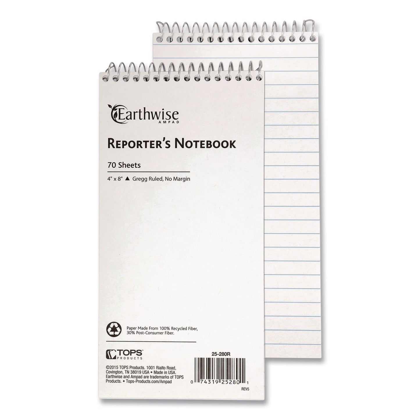 Ampad® Earthwise by Ampad Recycled Reporter's Notepad, White Cover, Gregg Rule, (70) White 4 x 8 Sheets, Dozen (TOP25280DZ)