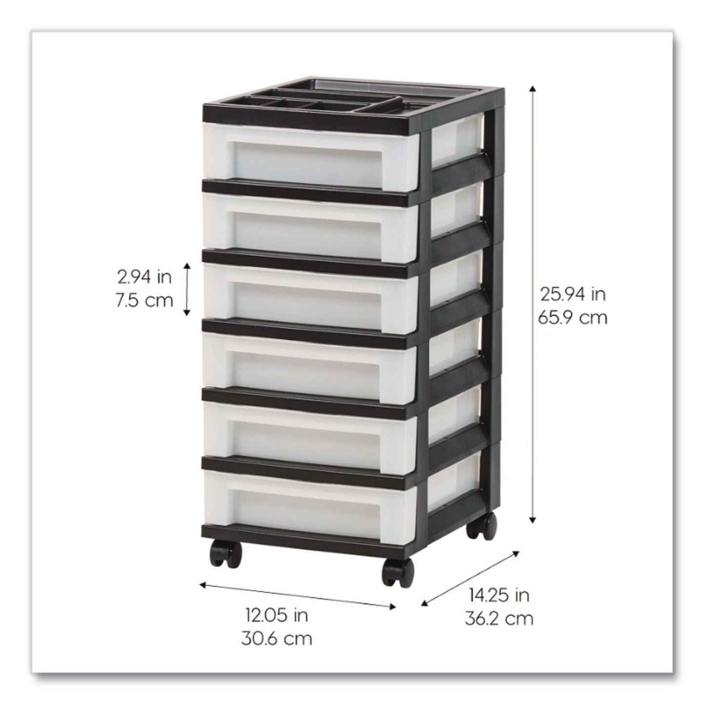 IRIS Six-Drawer Durable Storage Cart, Plastic, 15 lb Capacity, 12.13 x 14.38 x 26.38, Clear/Black (IRS270013116862)