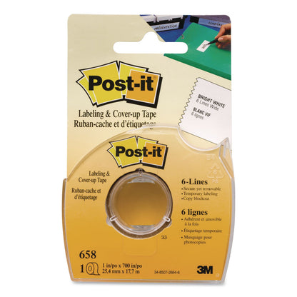 Post-it® Labeling and Cover-Up Tape, Non-Refillable, 1" x 19.44 yd, White Tape, Clear Dispenser, 24/Carton (MMM658CASE)