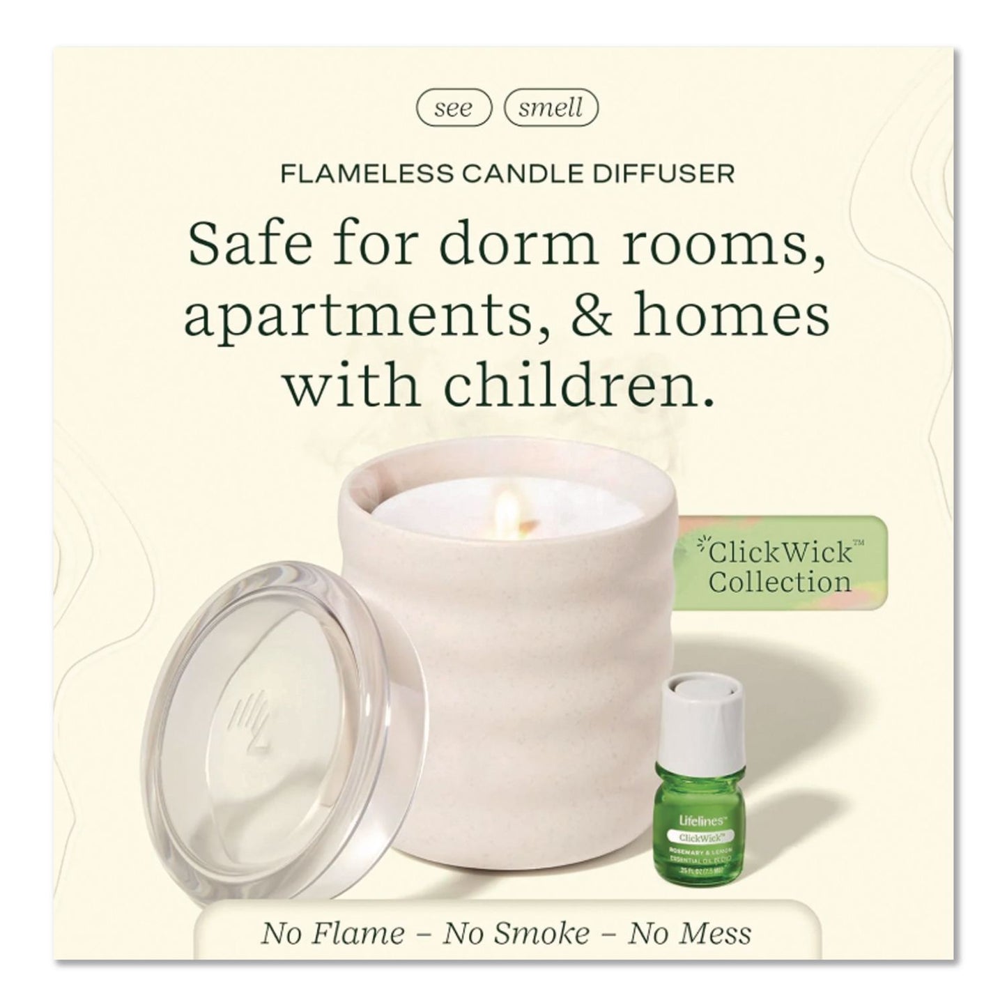 Lifelines® Aromatherapy Essential Oil Flameless Candle Diffuser, Rosemary and Lemon Essential Oil, 5.5 x 5.5 x 5.5, Ivory (LLN111617)