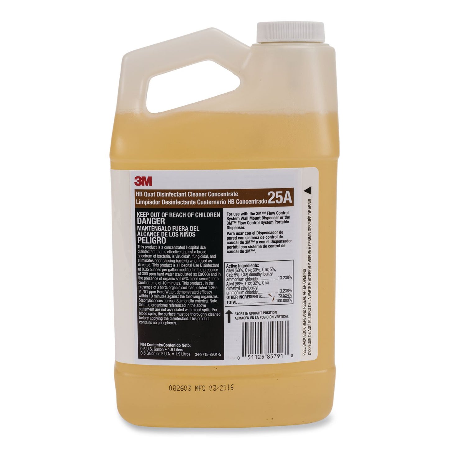 3M™ HB Quat Disinfectant Cleaner Concentrate 25A, 0.5 gal Bottle, 4/Carton (MMM25ACT)