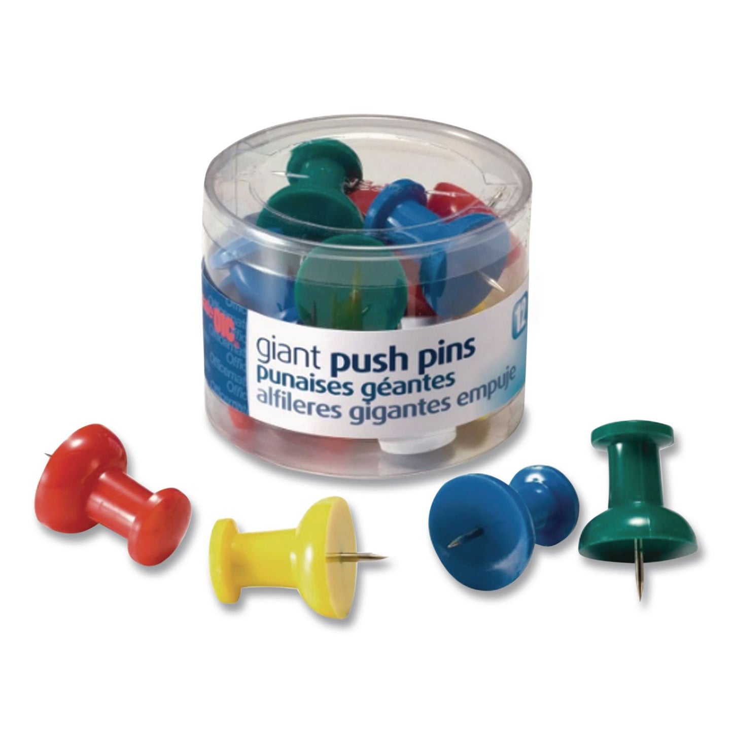 Officemate Giant Push Pins, Assorted Colors, Plastic, 1.5" Pin, 12/Pack (OIC1266155)
