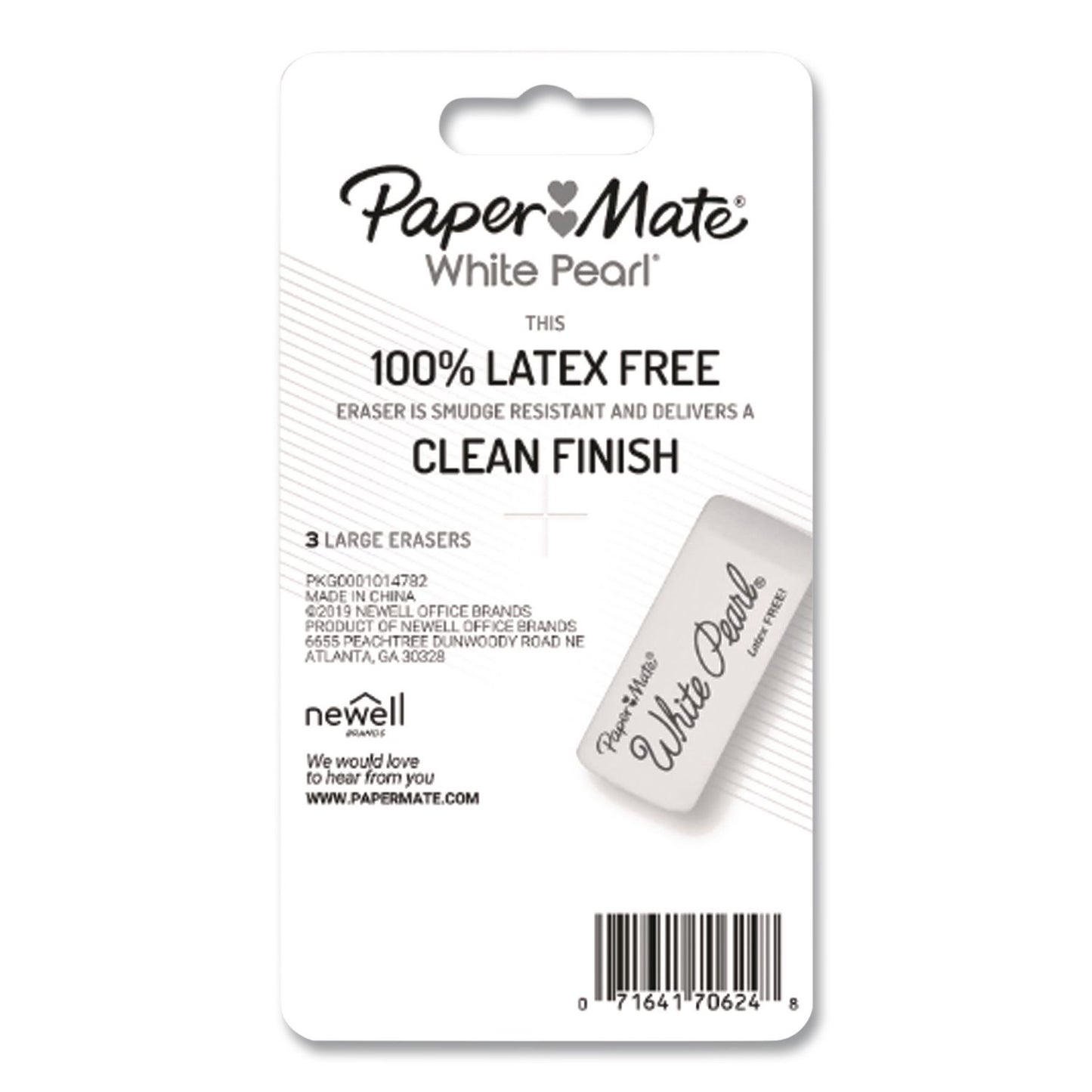Paper Mate® White Pearl Latex-Free Plastic Eraser, For Pencil Marks, Rectangular Block, White, 3/Pack (PAP70624)