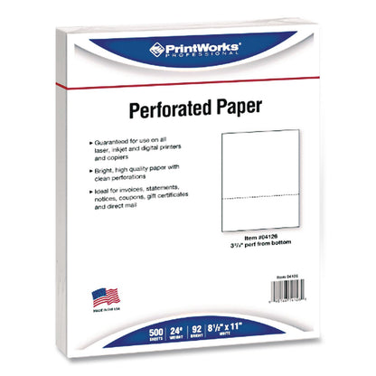 PrintWorks® Professional Perforated Paper, 92 Bright, Perforated 3.67 from Bottom, 24 lb Bond Weight, 8.5 x 11, White, 500 Sheets/Ream, 5 Reams/Carton (PWK04126)