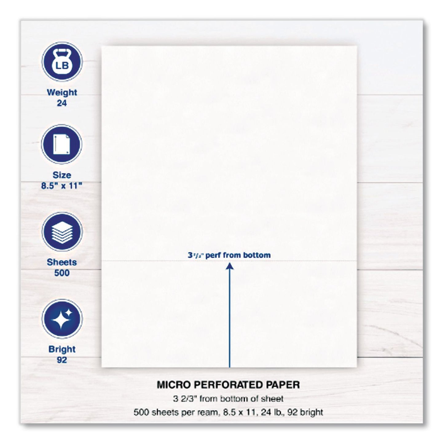 PrintWorks® Professional Perforated Paper, 92 Bright, Perforated 3.67 from Bottom, 24 lb Bond Weight, 8.5 x 11, White, 500 Sheets/Ream, 5 Reams/Carton (PWK04126)