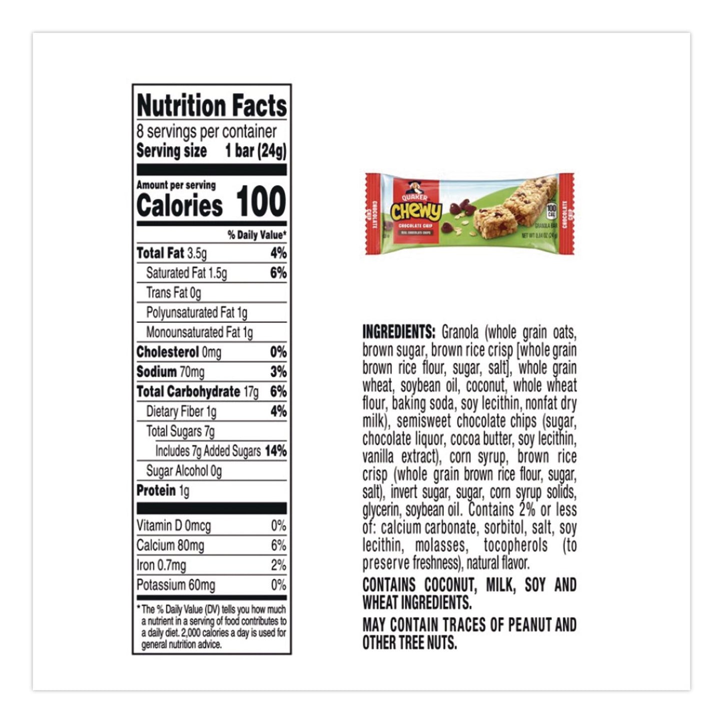 Quaker® Granola Bars, Chewy Chocolate Chip, 0.84 oz Individually Wrapped, 8/Box (QKRQUA31182)