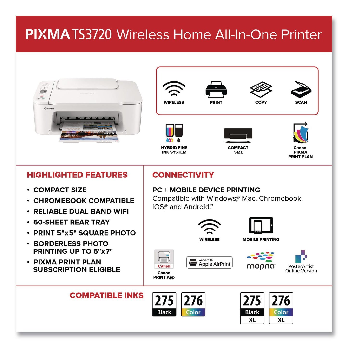 Canon® PIXMA TS3720 Inkjet Printer, Copy/Print/Scan (CNM6671C022)
