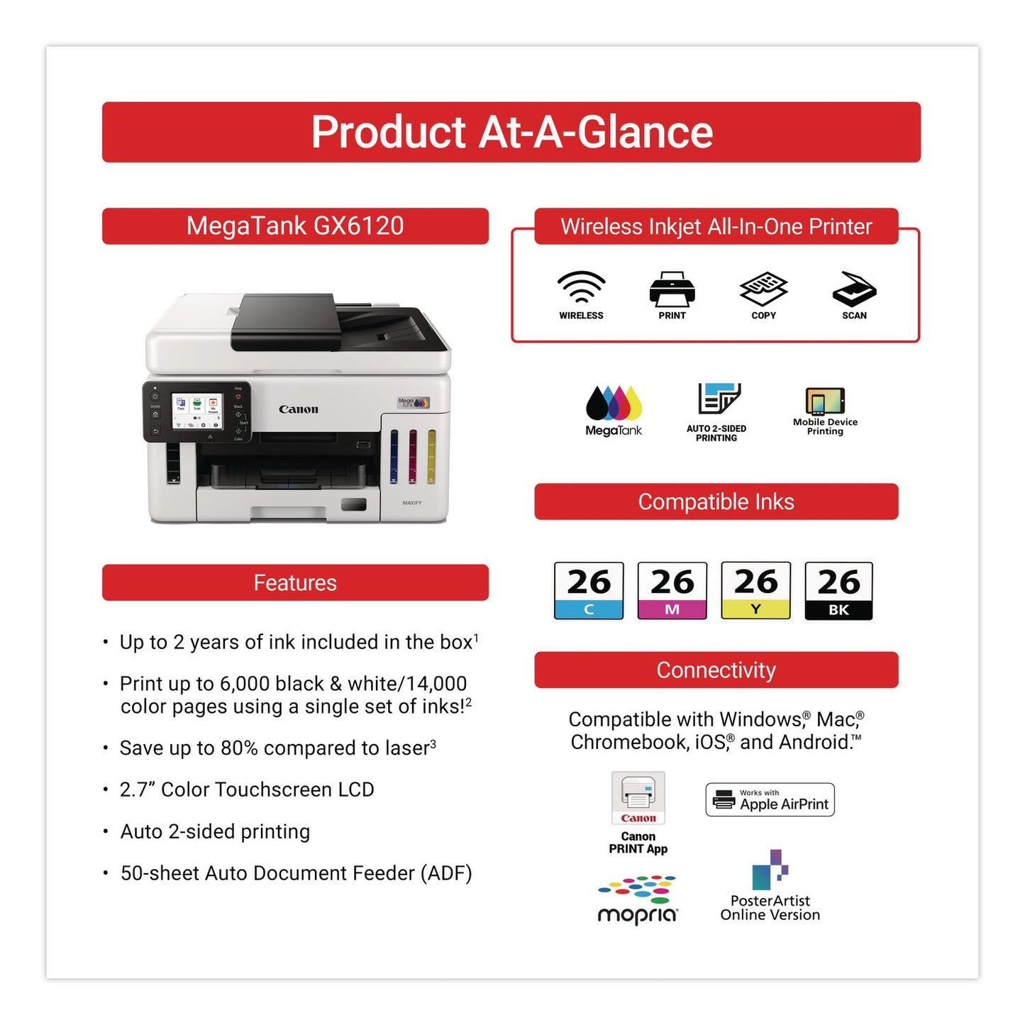 Canon® MegaTank GX6120 All-in-One Printer, Copy/Print/Scan (CNM6882C002)
