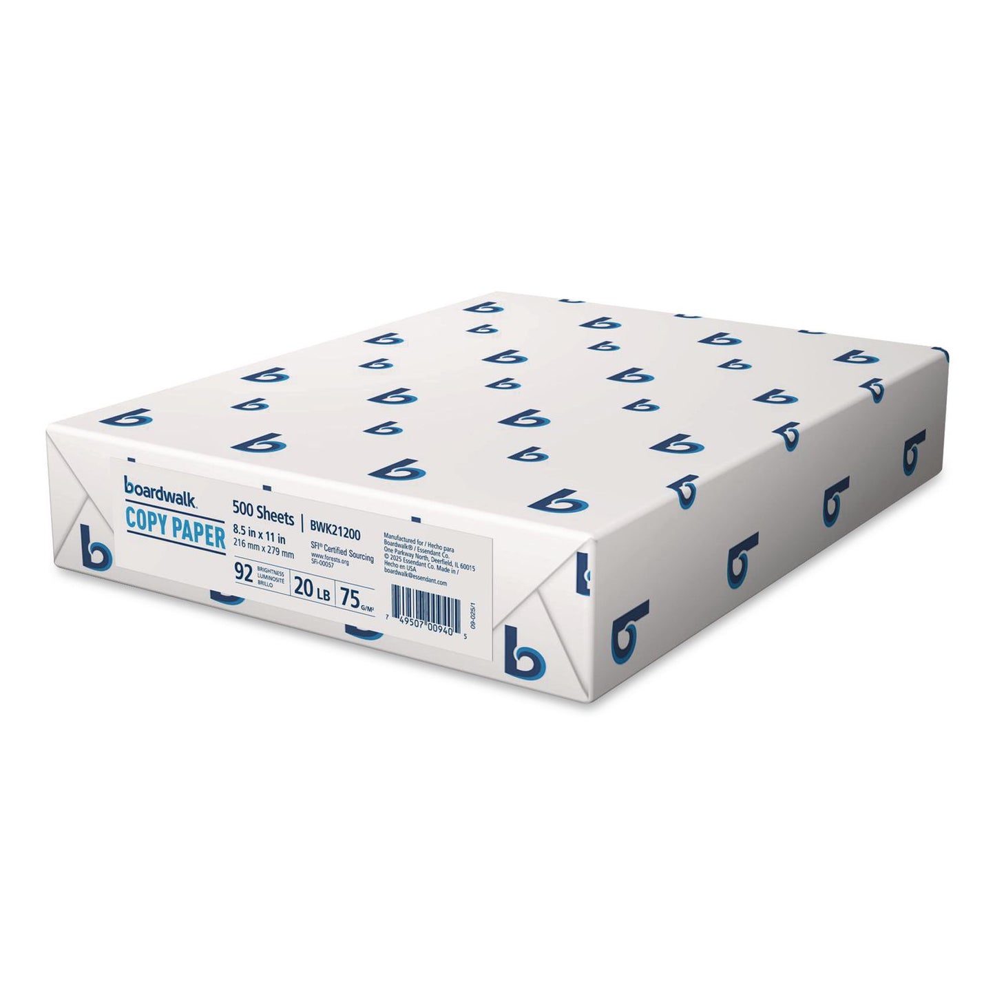 Boardwalk® Copy Paper, 92 Bright, 20 lb Bond Weight, 8.5 x 11, White, 500 Sheets/Ream, 10 Reams/Carton, 40 Cartons/Pallet (BWK21200PLT)