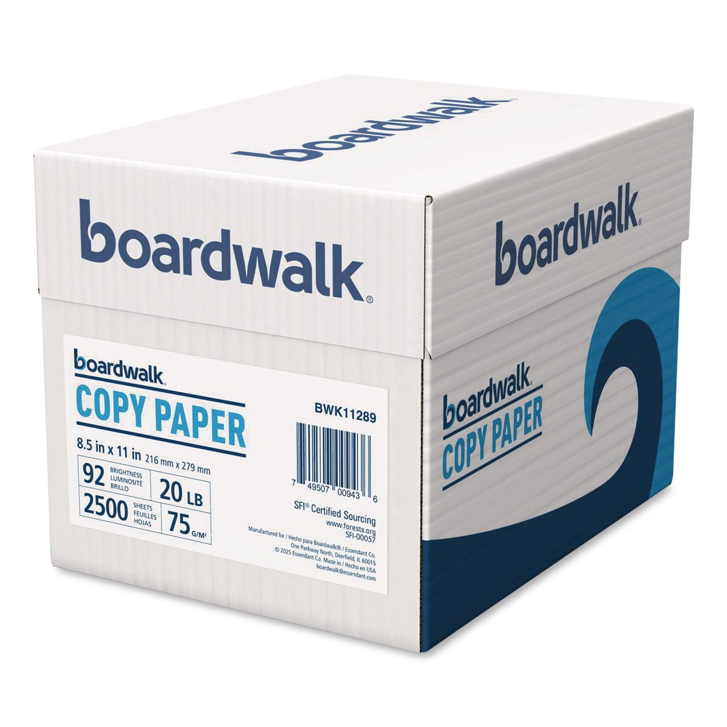 Boardwalk® Convenience Carton Copy Paper, 92 Bright, 20 lb Bond Weight, 8.5 x 11, White, 500 Sheets/Ream, 5 Reams/Carton (BWK11289)