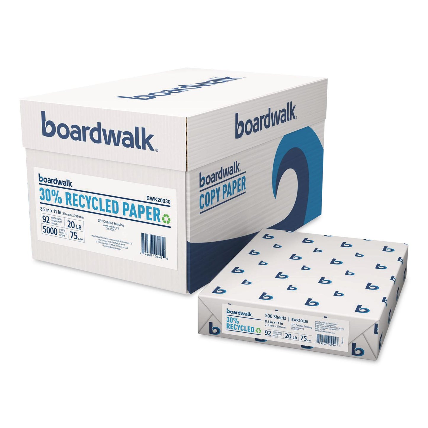 Boardwalk® 30% Recycled Copy Paper, 92 Bright, 20 lb Bond Weight, 8.5 x 11, White, 500 Sheets/Ream, 10 Reams/Carton (BWK20030)