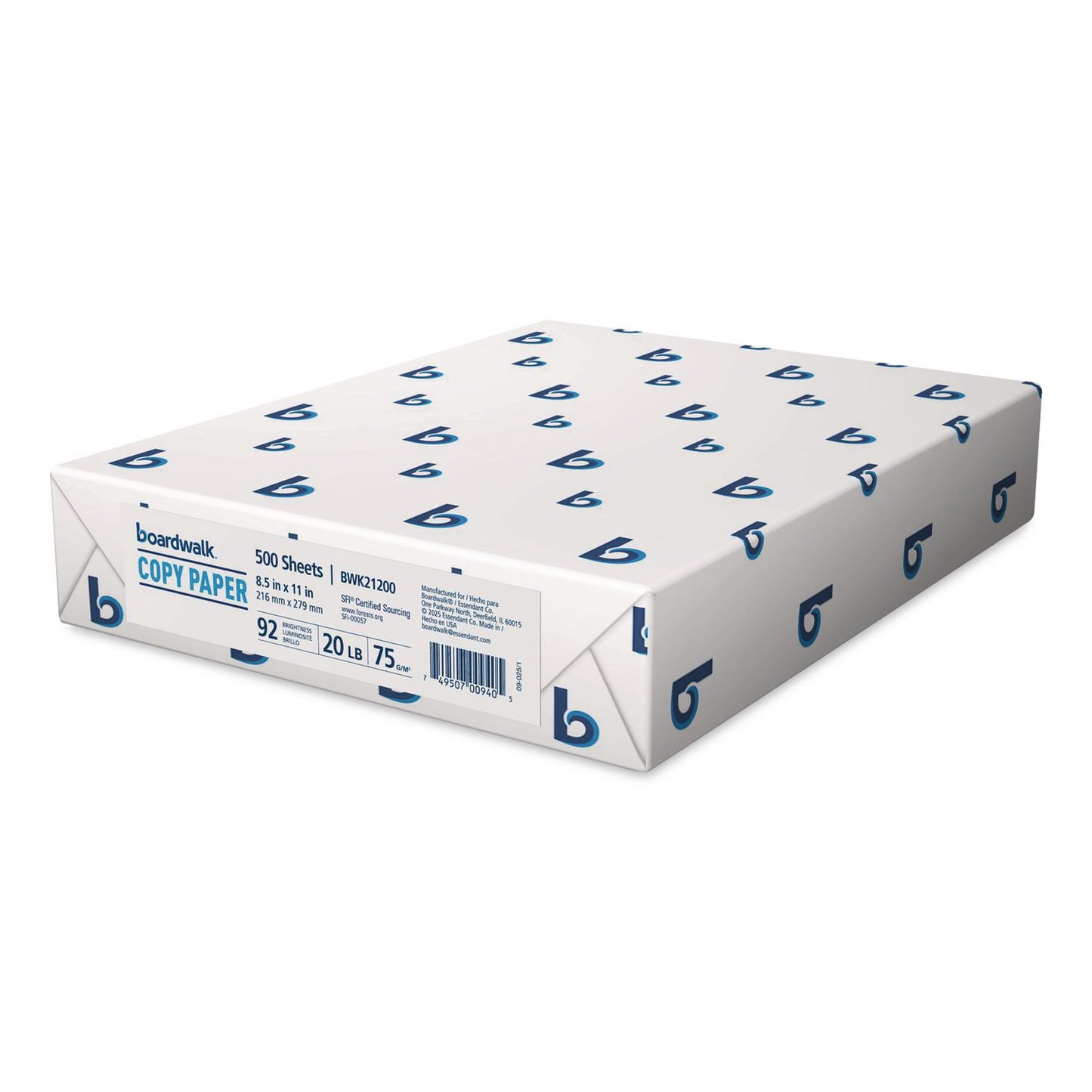 Boardwalk® Copy Paper, 92 Bright, 20 lb Bond Weight, 8.5 x 11, White, 500 Sheets/Ream, 10 Reams/Carton (BWK21200)