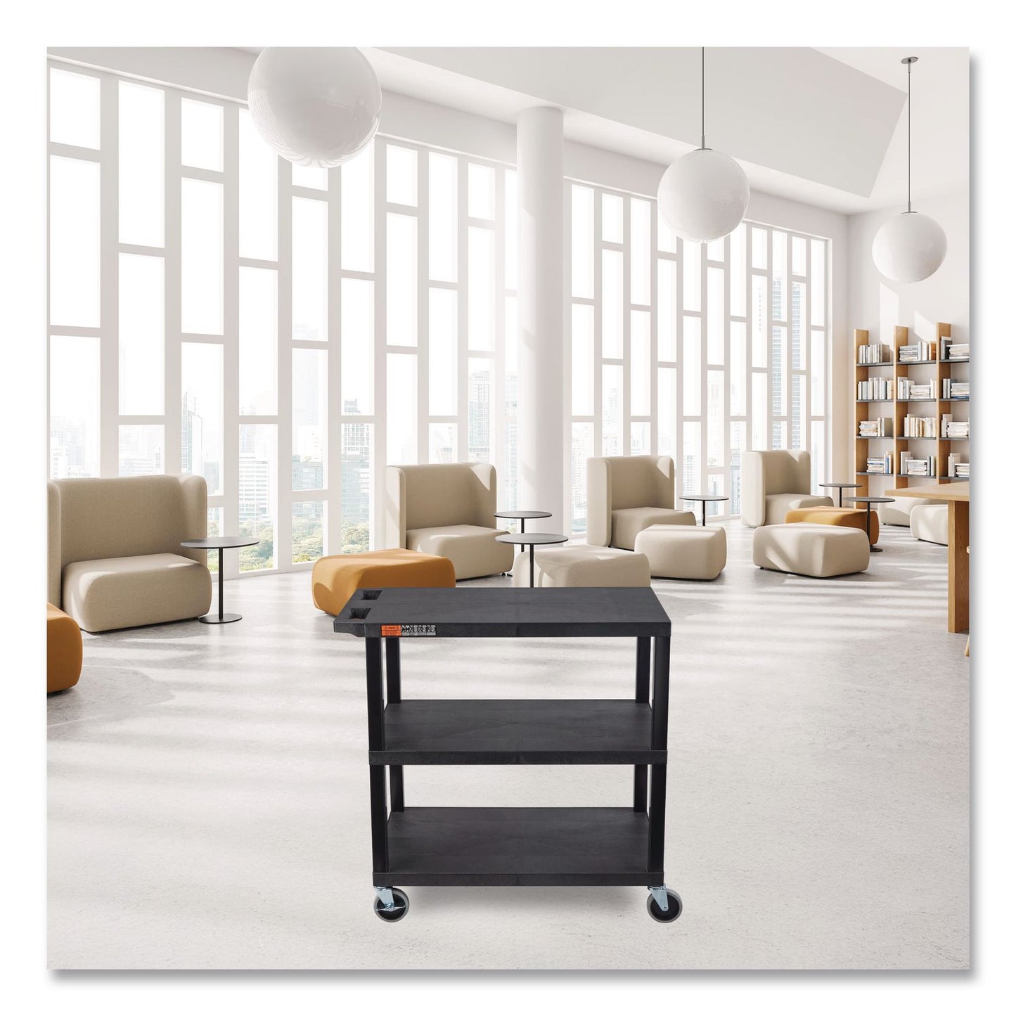 Luxor TUFFY XL Three-Shelf Multipurpose Utility Cart, Plastic, 300 lb Capacity, 35.25" x 18" x 34.5", Black (LXCEC222B)