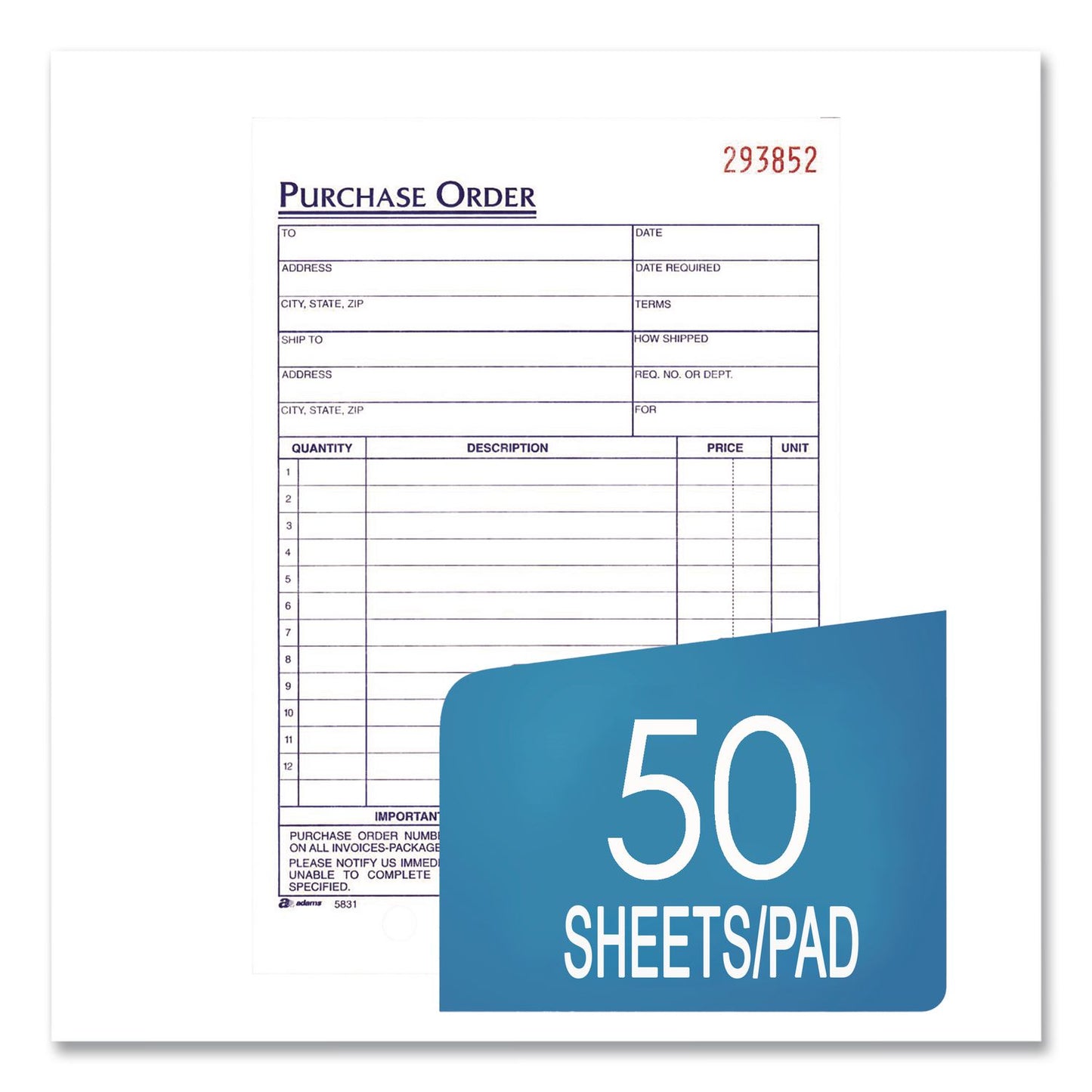 Adams® Multipart Purchase Order Pad, Three-Part Carbonless, 8.44 x 5.56, 50 Sets/Pad,10 Pads/Pack (ABFTC583110)