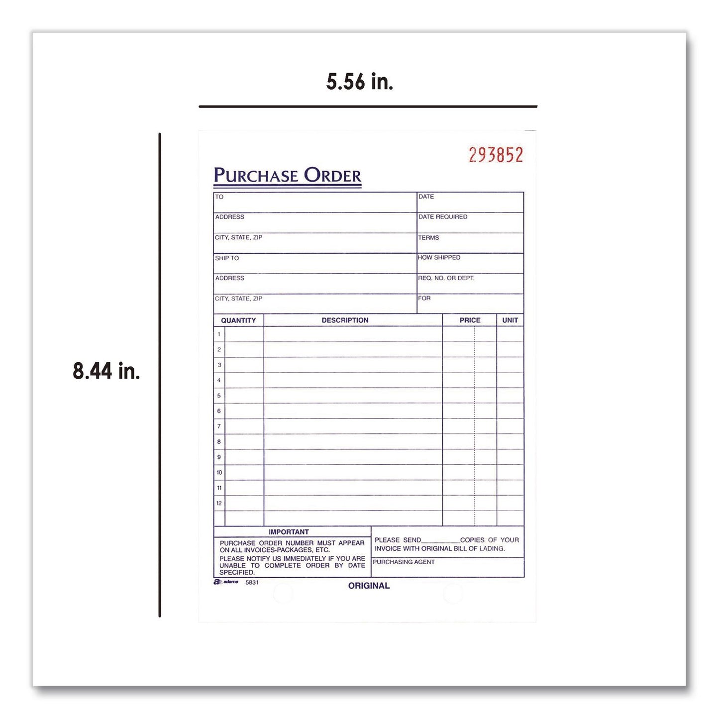 Adams® Multipart Purchase Order Pad, Three-Part Carbonless, 8.44 x 5.56, 50 Sets/Pad,10 Pads/Pack (ABFTC583110)