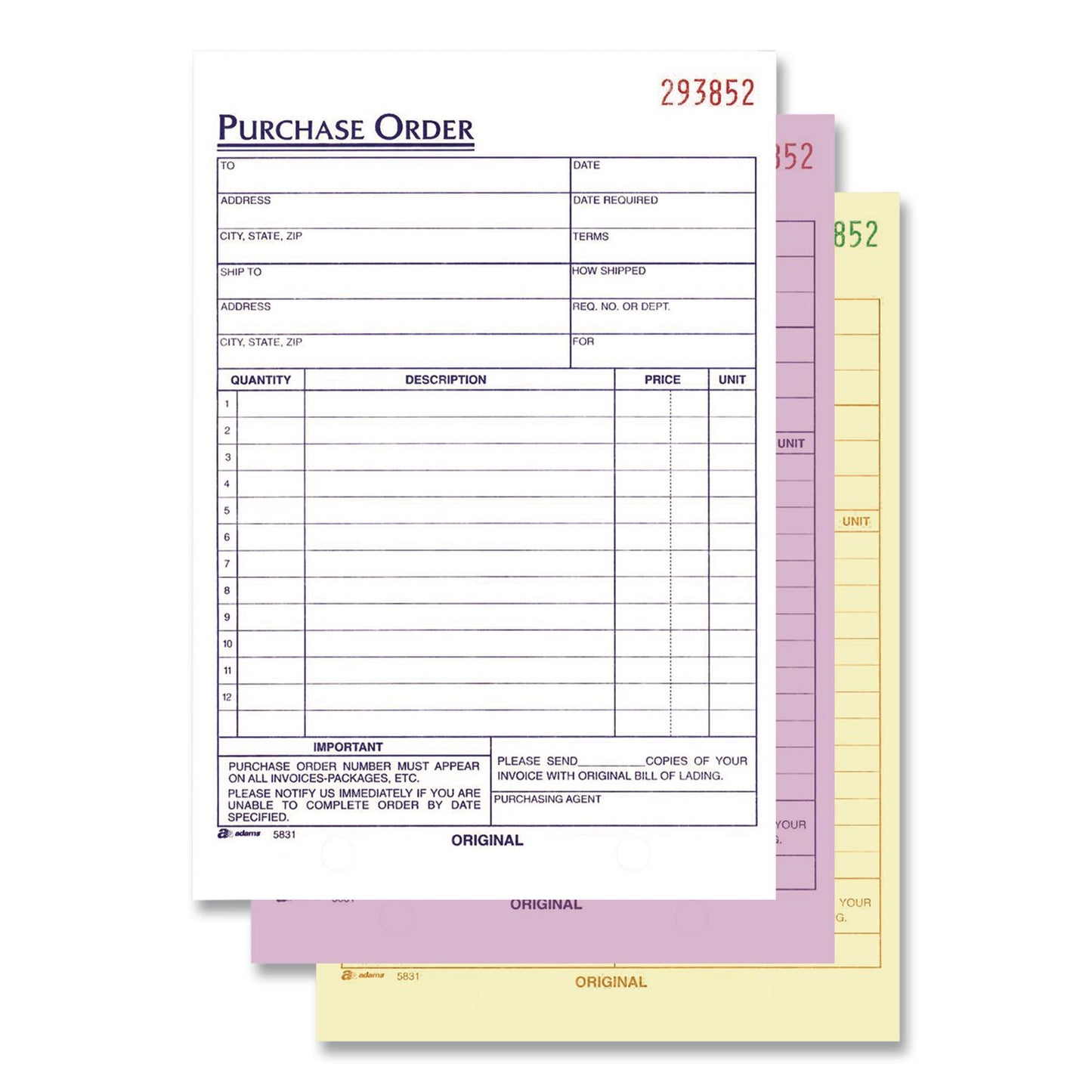 Adams® Multipart Purchase Order Pad, Three-Part Carbonless, 8.44 x 5.56, 50 Sets/Pad,10 Pads/Pack (ABFTC583110)