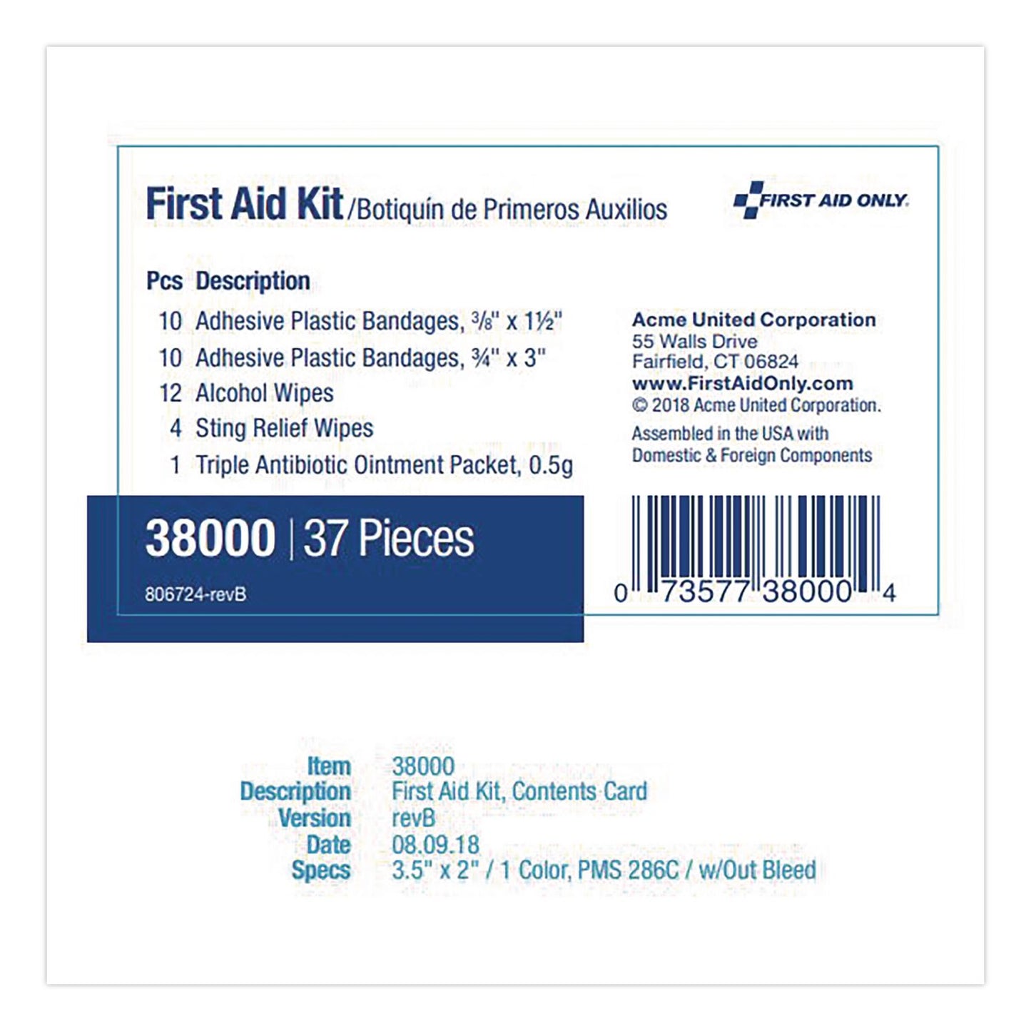 First Aid Only™ Personal First Aid Kit, 37 Pieces, Plastic Case (FAOACM38000)