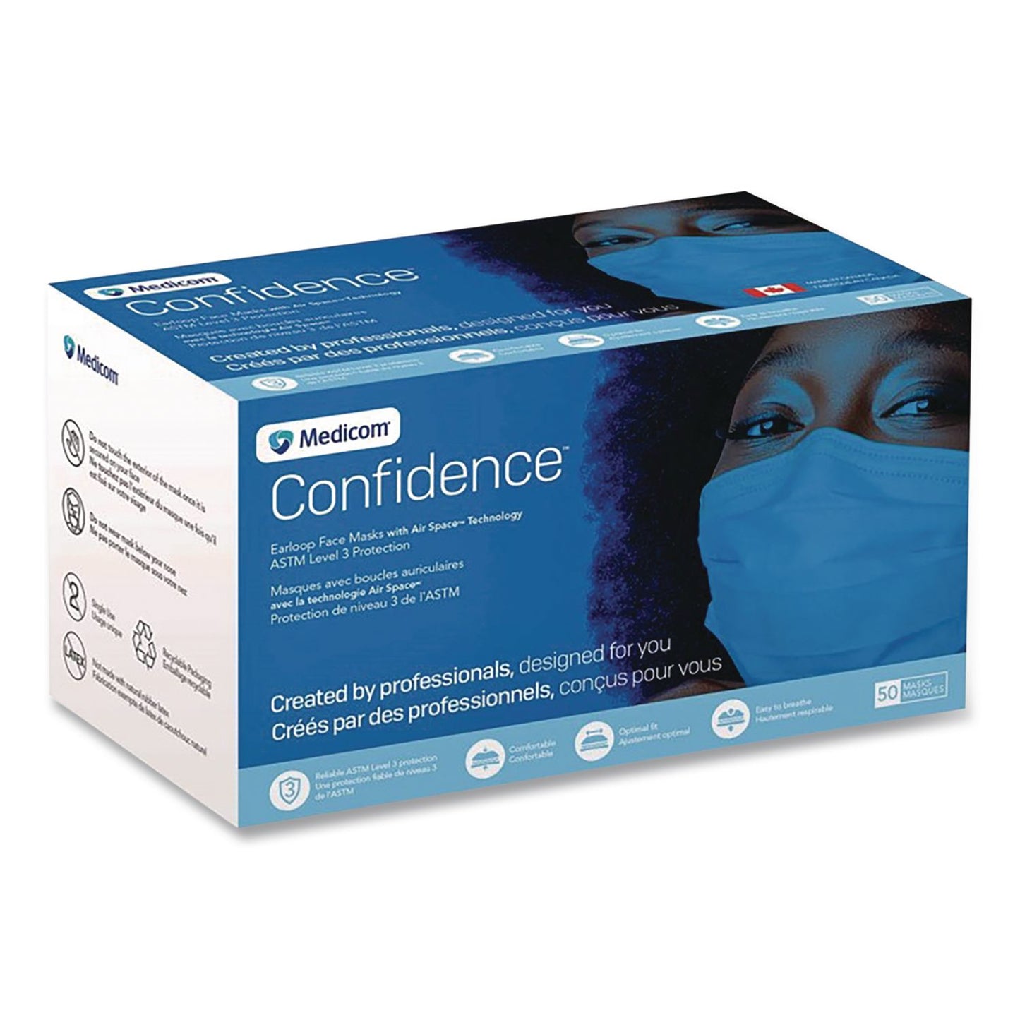 PRI-MED Medicom Confidence Ear Loop Face Mask with Air Space Technology, Polypropylene, One Size Fits Most, 50/Box,10 Boxes/Carton (PRD214115CANCT)
