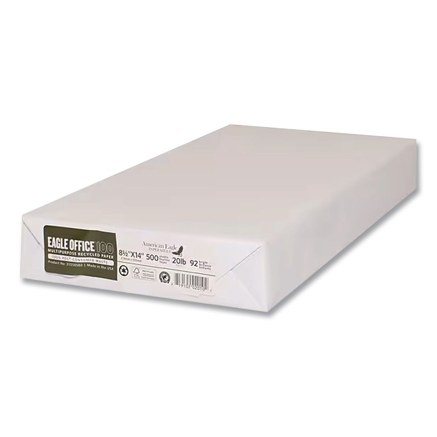 American Eagle Paper Mills® Recycled Multipurpose Paper, 92 Bright, 20 lb Bond Weight, 8.5 x 14, White, 500/Ream (AEM31550502RM)