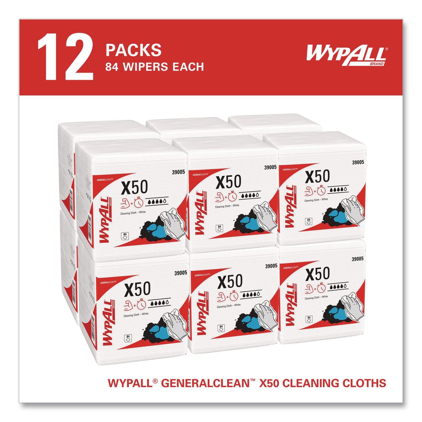 WypAll® GeneralClean X50 Cleaning Cloths, 12 x 12.5, White, 84/Pack, 12 Packs/Carton (KCC39005)