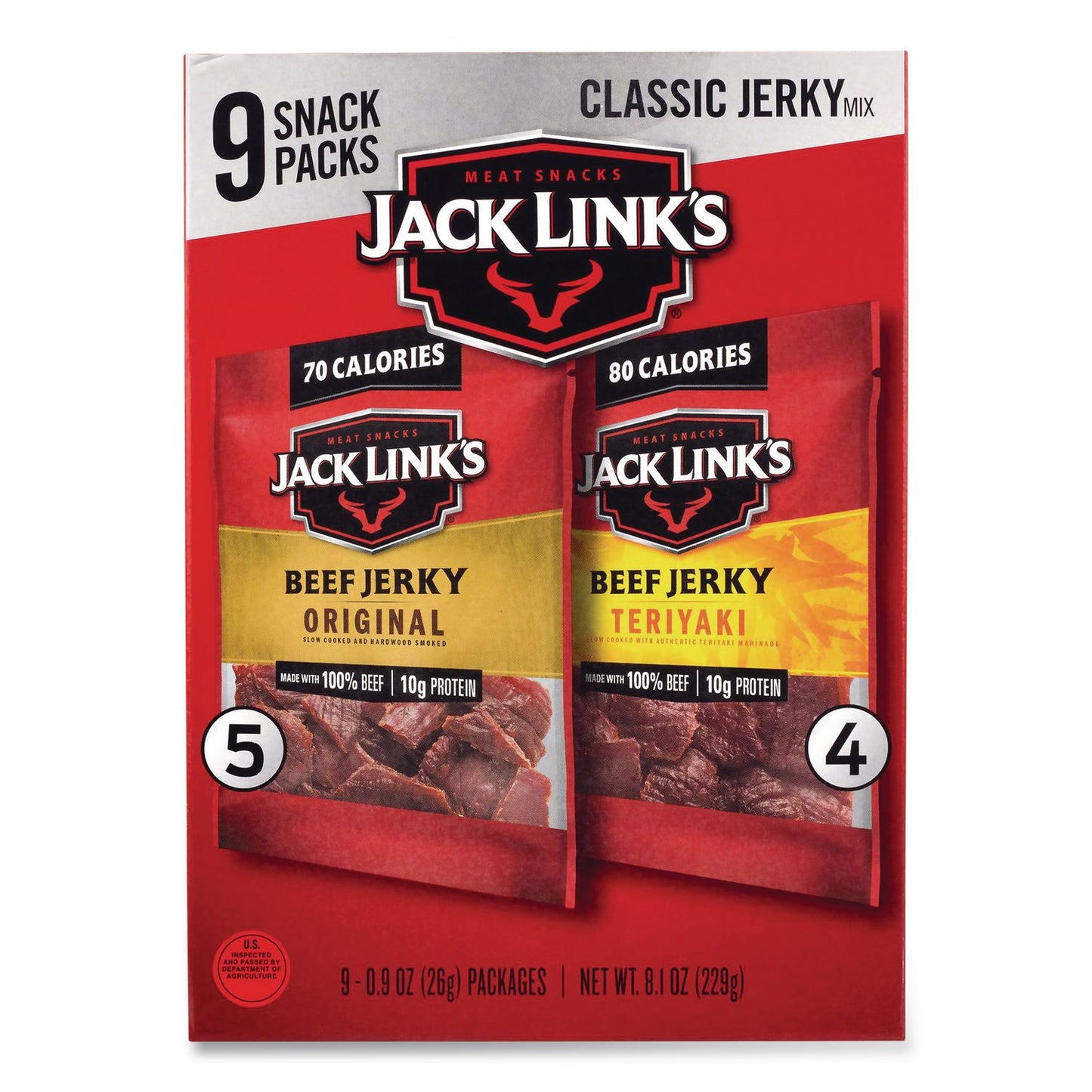 Jack Link’s Beef Jerky Variety Pack, Original/Teriyaki, 8.1 oz Bag, 9/Carton (GRR22002688)