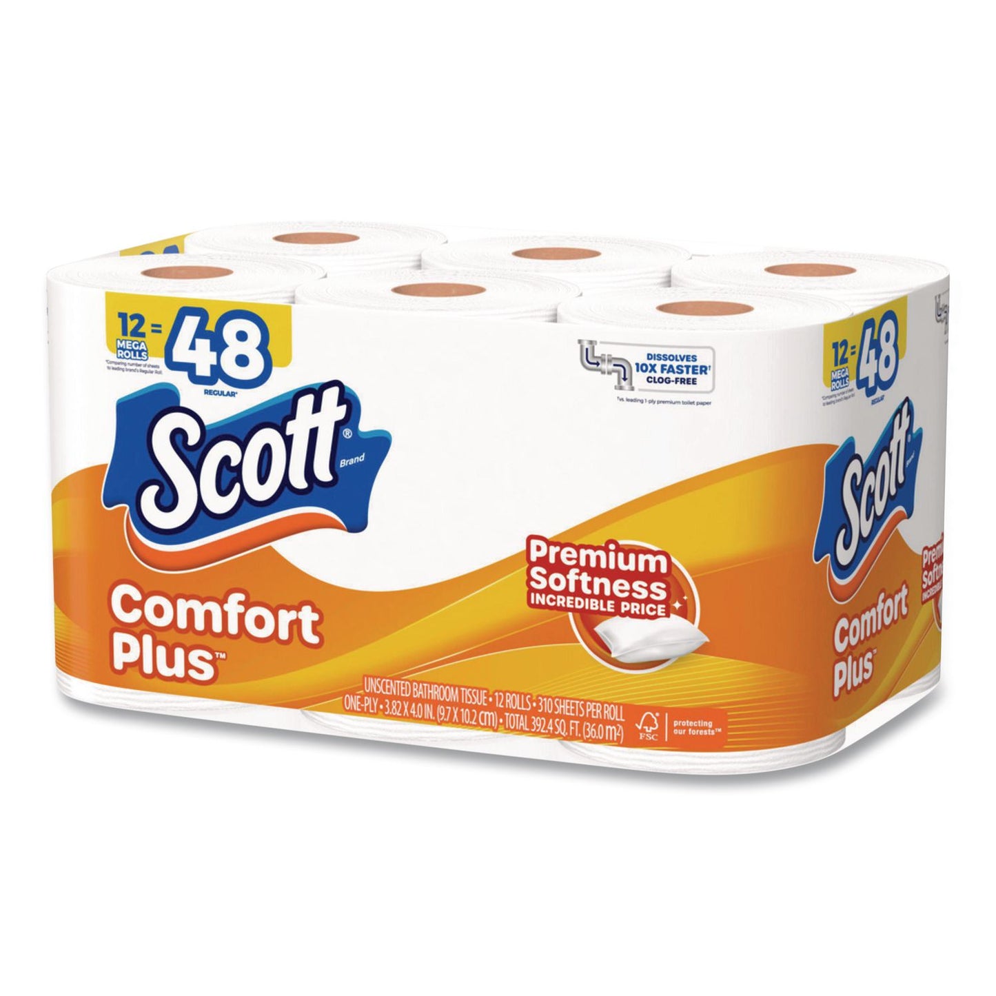 Scott® ComfortPlus Toilet Paper Mega Rolls, Septic Safe, 1-Ply, White, 310 Sheets, 12 Mega Rolls/Carton (KCM57098)